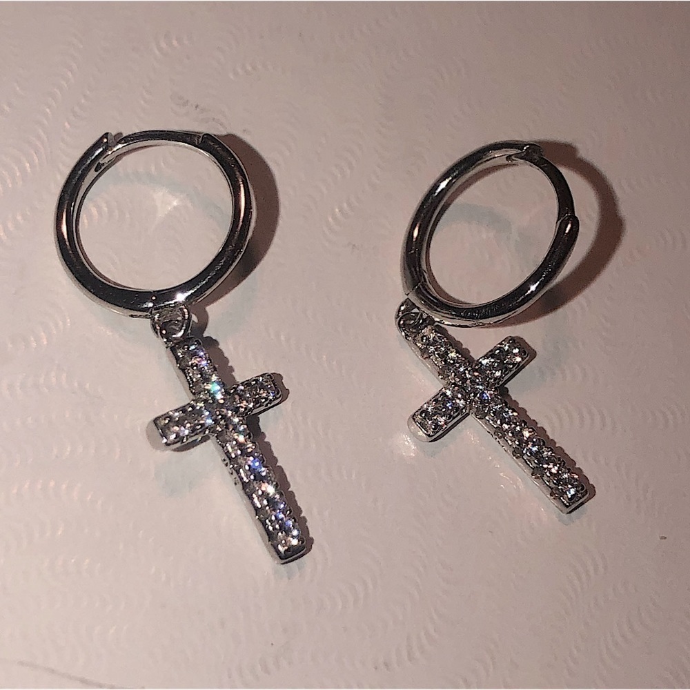 STERLING Silver Mini Hoops w Cz Cross Dangle Drop Approx 1.1” Total